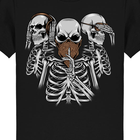 tee shirt tête de mort hear see speak no evil zoom sur design