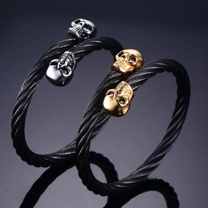 Bracelet Jonc Croisé Double Skull - Silvery