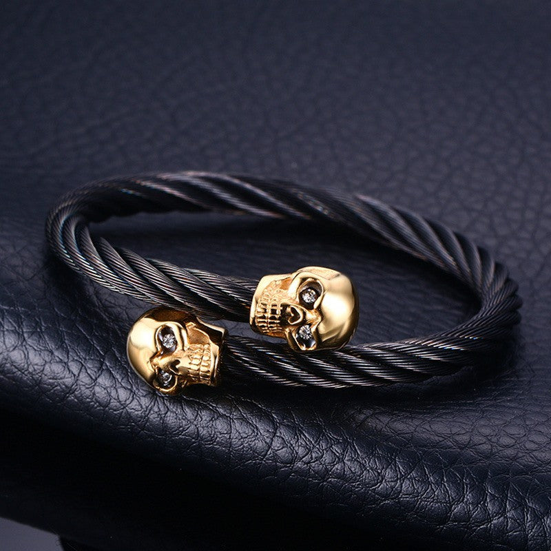 Bracelet Jonc Croisé Double Skull - Silvery